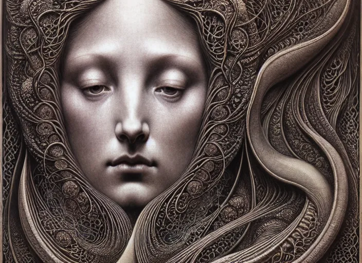 Image similar to detailed realistic beautiful moon goddess face portrait by jean delville, gustave dore, iris van herpen and marco mazzoni, art forms of nature by ernst haeckel, art nouveau, symbolist, visionary, gothic, neo - gothic, pre - raphaelite, fractal lace, intricate alien botanicals, ai biodiversity, surreality, hyperdetailed ultrasharp octane render