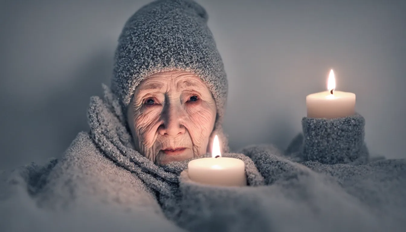 Prompt: a close up portrait of one solitary old underweight lady frozen, full colour, hyper realistic photo, candle light, shallow depth of field, upscale, 8 k, masterpiece,