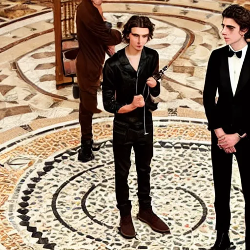 Prompt: Cinematic knife-duel between bald_hairless_Austin_Butler-dressed-in-black and Timothee_Chalamet_dressed-in-brown-felt, on a mosaic marble floor dais, intricately detailed