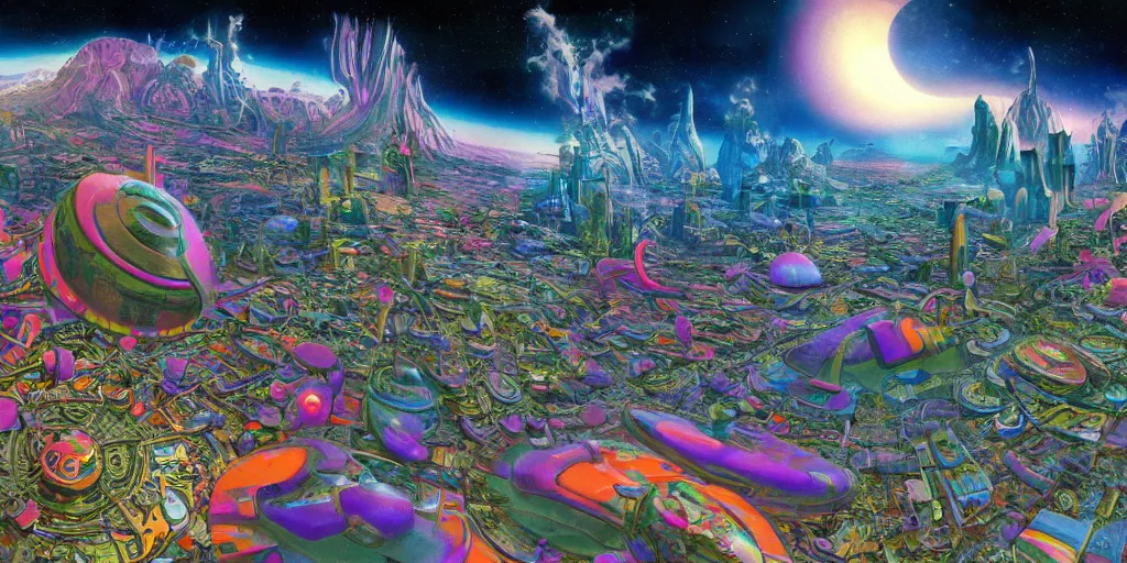 Image similar to a psychedelic retro sci fi city in space by roger dean, digital art, trending on artstation, 4k, equirectangular projection, 360