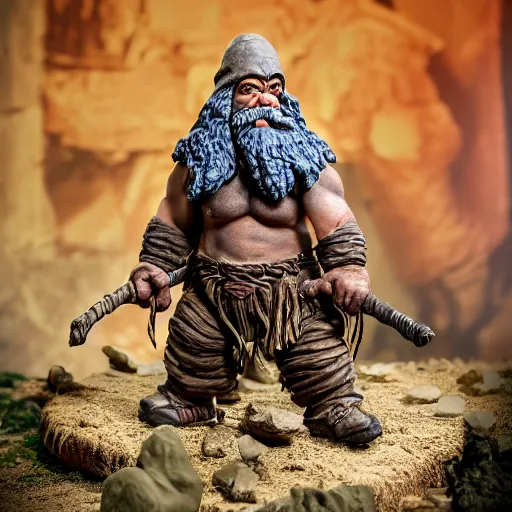 Image similar to high - res photograph of a claymation sculpture action figure warrior dwarf, highly detailed sculpey diorama, smooth, sharp foccus, commercial product photography,