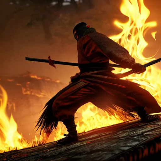 Image similar to japanese ninja boss inspired from sekiro shadows die twice near a camp fire, evening time, digital illustration, highly detailed art, 8k image quality, full body camera shot