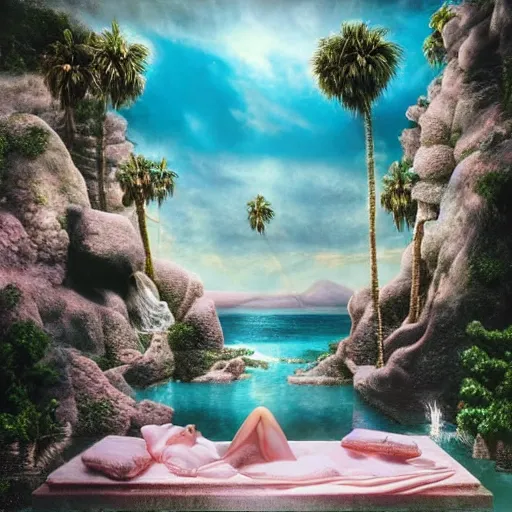 Image similar to masterpiece, hyperrealistic surrealism, award winning masterpiece with incredible details, epic stunning, infinity pool, a surreal vaporwave liminal space, highly detailed, trending on ArtStation, broken giant marble head statue ruins, calming, meditative, pink arches, flowing silk sheets, palm trees, very vaporwave, very very surreal, sharp details, artgerm and greg rutkowski and alphonse mucha, daily deviation, IAMAG, geometric dreamscape