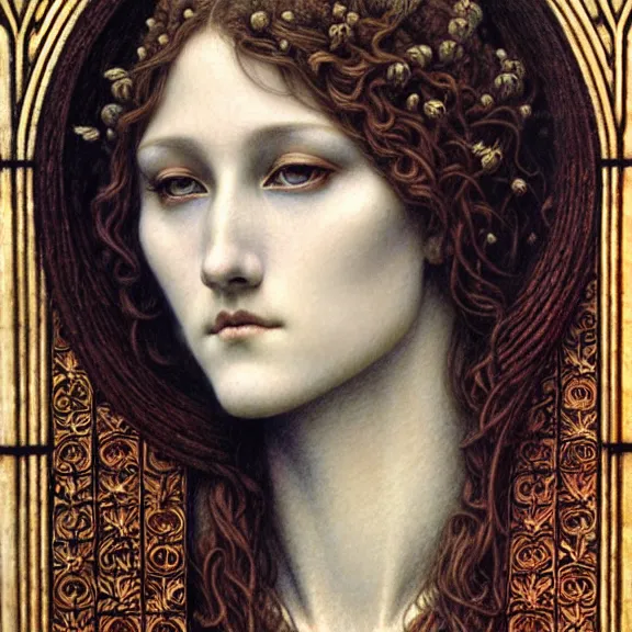 Image similar to detailed realistic beautiful young medieval queen face portrait by jean delville, gustave dore and marco mazzoni, art nouveau, symbolist, visionary, gothic, pre - raphaelite. horizontal symmetry