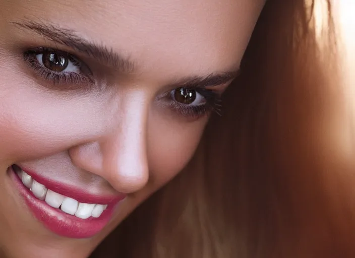Image similar to a closeup, 4 5 mm, detailed photograph of a woman with a seductive smile half jessica alba half nathalie portman half scarlett johansson, beautiful low light, 4 5 mm, by franz lanting