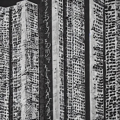 Prompt: a tumble of brutalist apartments in black and white made of asemic writing