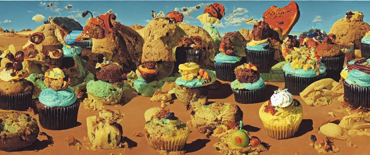 Image similar to surrealist pastry desserts, cupcake, layer cake, pies by max ernst in a california desert landscape