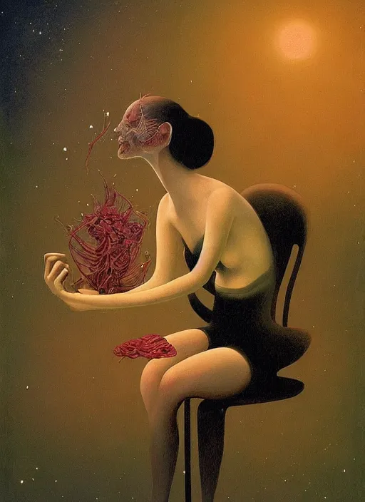 Prompt: She Eats Joyfully of the Suffocating Fruit and Her spiderlike gossamer glistening polyp blossoms bring iridescent fungal flowers whose spores black the foolish glaring stars Edward Hopper and James Gilleard, Zdzislaw Beksinski, Mark Ryden, Wolfgang Lettl highly detailed