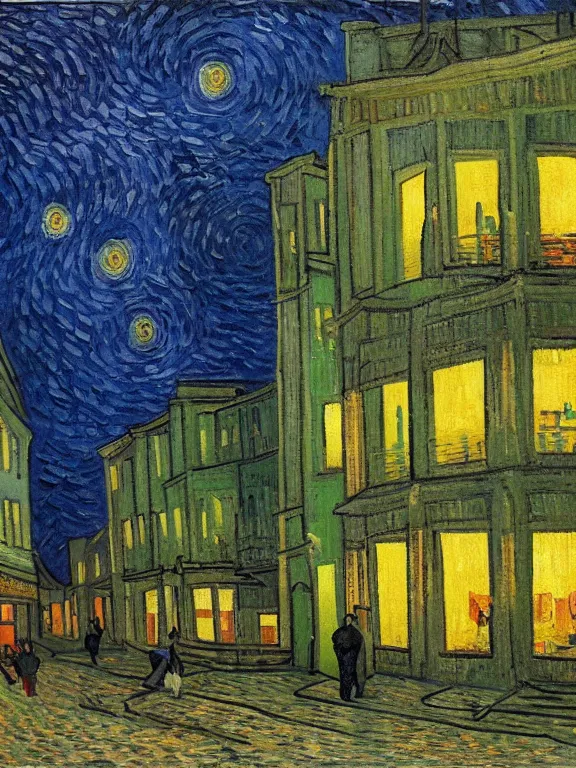 Prompt: van gogh painting of low residential building in russian suburbs, lights are on in the windows, deep night, post - soviet courtyard, cozy atmosphere, light fog, street lamps with orange light, several birches nearby, several elderly people stand at the entrance to the building