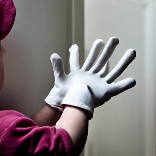 Prompt: a disembodied white gloved hand sticking out horizontally from behind a dark doorway, waving at a terrified boy watching tv in a living room, haunted, scary