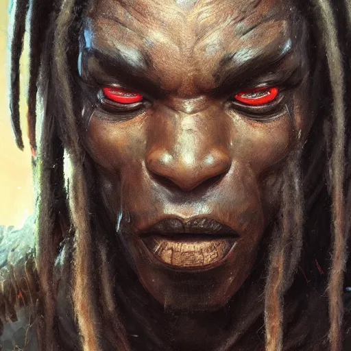 Image similar to A frontal portrait of The Predator with dreadlocks, by dreadjim, Greg Rutkowski, james gurney, epic scifi character art, Exquisite detail, post-processing, low angle view, masterpiece, cinematic