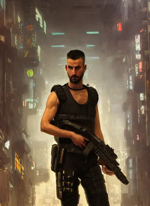 Image similar to 🤿🎧🚧 cyberpunk police trooper in a military vest ( blade runner 2 0 4 9, cyberpunk 2 0 7 7 ). orientalist portrait by john william waterhouse and james gurney and theodore ralli and nasreddine dinet, oil on canvas. cinematic, hyper realism, realistic proportions, dramatic lighting, high detail 4 k