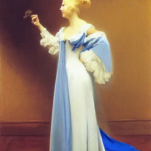 Image similar to young woman's face, her hair is white and she wears a cobalt blue duchesse satin cloak, by ivan aivazovsky and syd mead and moebius and gaston bussiere and roger dean and willem claesz and pieter claesz and paul delaroche and alma tadema and aelbert cuyp, hyperrealistic, volumetric light, octane