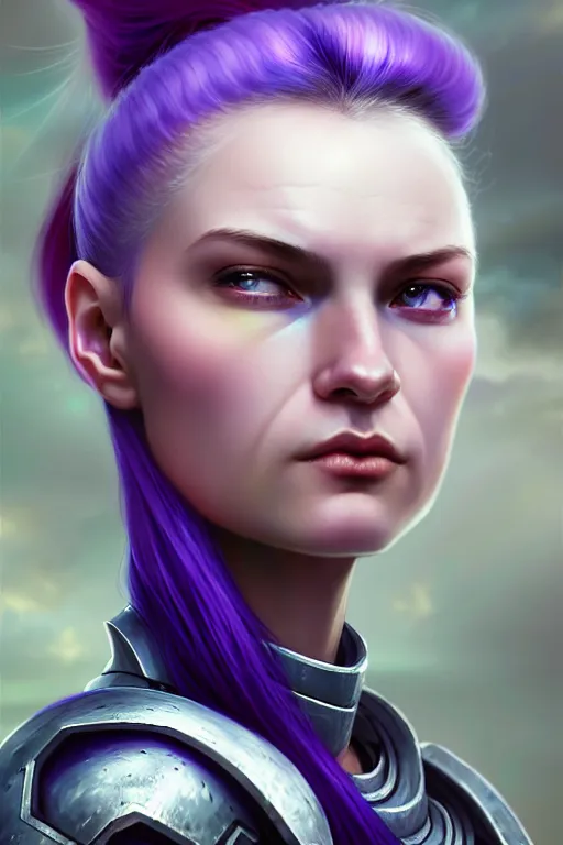 Image similar to alexey gurylev, close up portrait, young pale woman in sci - fi armor with purple ponytail hair, stoic, focused, powerful, d & d, fantasy, complex, elegant, highly detailed, digital painting, artstation, concept art, matte, clear focus, illustration, hearthstone, artgerm art, greg rutkovsky and alphonse mucha