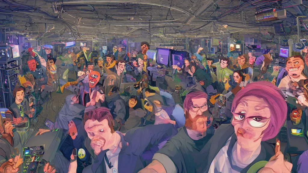 Prompt: selfie of a tight group of happy drunken hackers at a party in a highly detailed server room with computers everywhere and wires, nerds, in a scifi movie, vivid colors, by jamie hewlett, nuri iyem, james gurney, james jean, greg rutkowski, anato finnstark. hyper detailed, wide angle, perfect faces