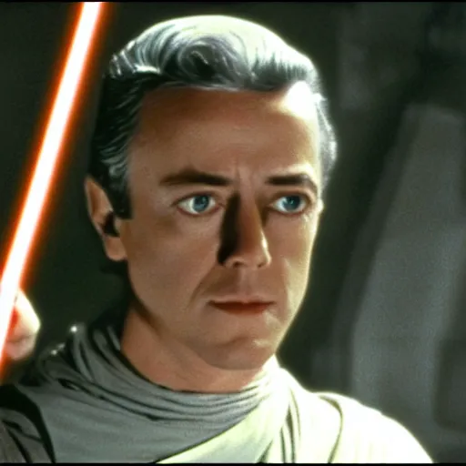 Prompt: film still of young alec guiness as a jedi in new star wars movie, lighting, highley detailled, kodak film