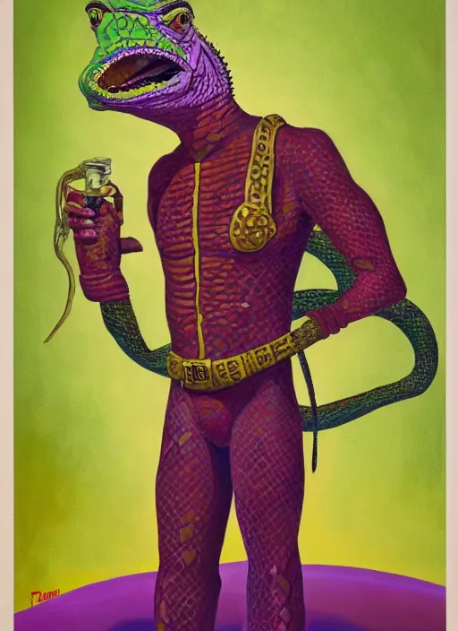 Image similar to oil painting portrait of a cowboy lizard person, a gorn from star trek, a snake oil salesman wearing a blonde wig in a movie poster for a movie called gorn on the bull horn girl, purple green color scheme