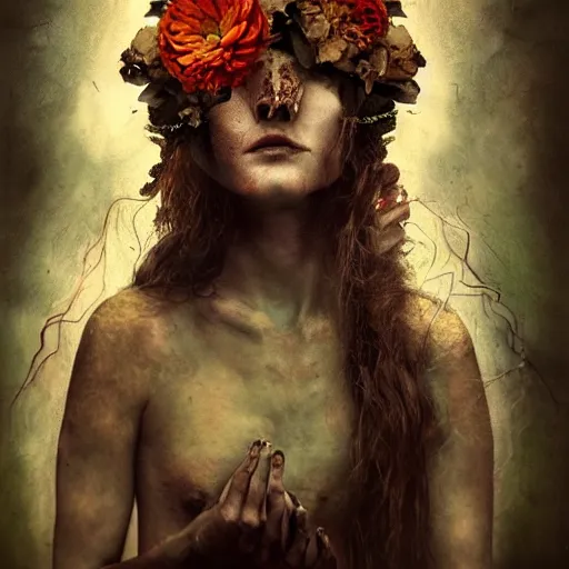 Image similar to a beautiful artwork portrait of a flower druid performing magic, by Brooke Shaden, featured on artstation