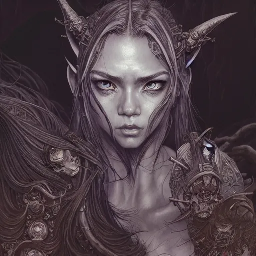 Image similar to prompt: World of Warcraft character portrait drawn Vania Zouravliov and Katsuhiro Otomo and Takato Yamamoto, inspired by Fables, magical and alchemical weapons, 3d render 8k, hyper realistic render, octane render, soft light, intricate detail, photorealistic style, intricate detailed oil painting, detailed illustration, oil painting, painterly feeling, intricate ink painting detail, sharp high detail, manga and anime 2000