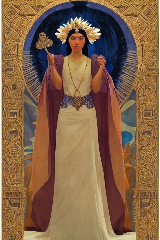 Image similar to queen of the north, by Nicholas Roerich and Annie Swynnerton and Diego Rivera and John William Godward, dramatic cinematic lighting , ornate headdress , flowing robes, sacred artifacts, lost civilizations, smooth, sharp focus, extremely detailed