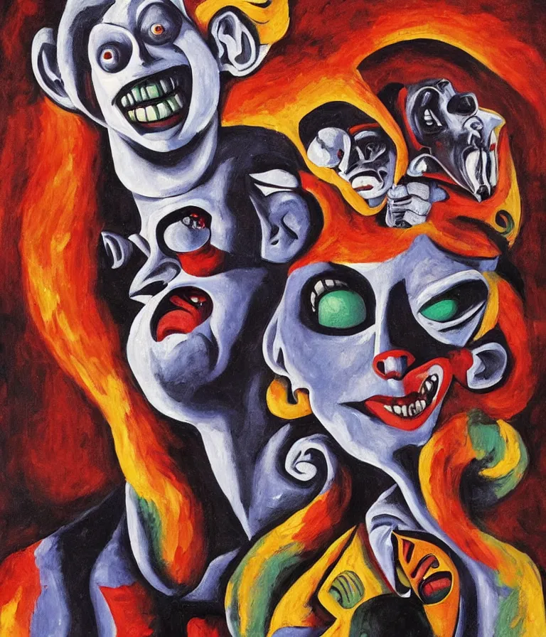 Prompt: Beautiful Horror Movie Poster made for the film Killer Klowns From Outer Space (1988) starring Sigourney Weaver and Evil Alien Clowns, impasto cubist! oil painting by Pablo Picasso and H R Giger, trending on artstation dramatic lighting Cubism 8k