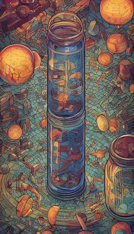 Image similar to Luminous jars full of dreams, futurism, da vinci, Dan Mumford, Josan Gonzalez