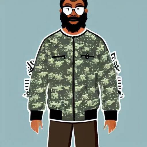 Image similar to vector art of a black man with afro hair and raspy bear stubble, wearing an army green adidas jacket, high quality, minimalist