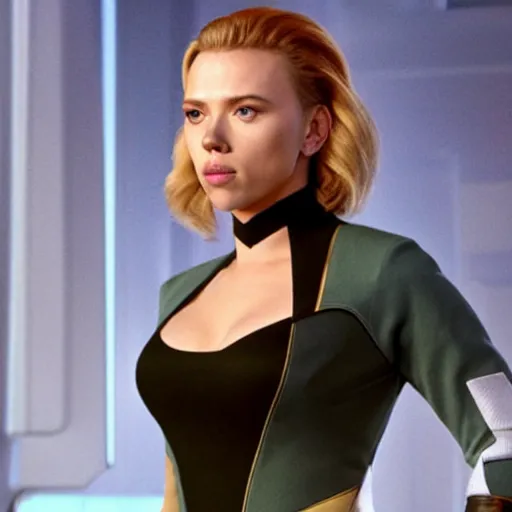 Image similar to scarlett johansson wearing a star trek uniform, movie still