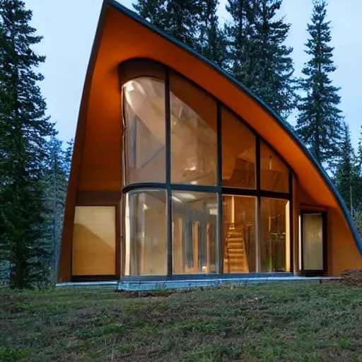 Image similar to a large modern cabin, with curved shapes and ergonomic design,