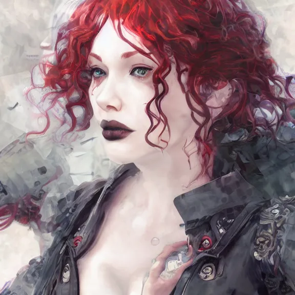 Image similar to christina hendricks!!!!! goth!!!!!, tankoban, 4 k, tone mapping, akihiko yoshida, james jean andrei riabovitchev marc simonetti, yoshitaka amano, long hair, curly, h. hydrochaeri