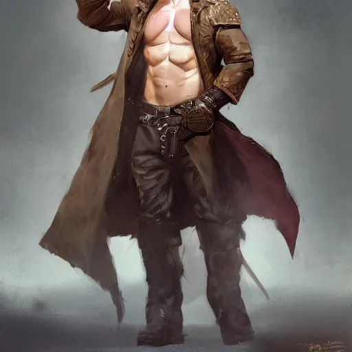 Image similar to portrait of a muscular, grim, ponytail haired blonde man in his late 30's, wearing a thick brown leather coat, looking to his side, hunter, DnD character, fantasy character, digital art by Ruan Jia, Krenz Cushart, Rossdraws and Boris Vallejo