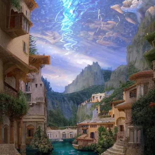 Prompt: a painting of a renaissance village in the sky with waterfalls, open windows, godrays, chandelier, pillars of marble, storm, waterfalls, small canoes, art by JohannesVoss, Donato Giancola, Aleksi Briclot, trending on artstation