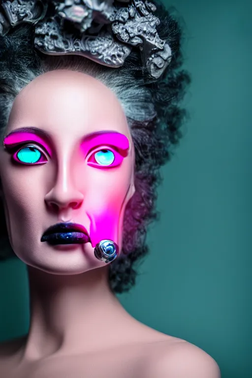 Image similar to hyperrealistic very detailed profile of rococo woman with pink eyes and mechanical mouth tjalf sparnaay very dramatic dark teal lighting wide angle 35mm shallow depth of field 8k