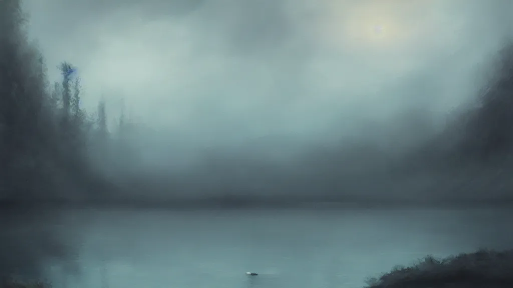 Image similar to A beautiful concept art painting of a gloomy lake with a body floating slightly below the surface by Natasha Tan, trending on artstation, dramatic lighting