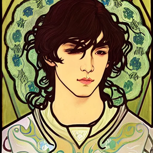 Image similar to painting of young handsome beautiful paladin elf!! man with long! wavy dark hair in his 2 0 s named taehyung minjun at the blueberry party, wearing armor!, long hair, elf ears, elegant, clear, painting, stylized, delicate, soft facial features, art, art by alphonse mucha, vincent van gogh, egon schiele,