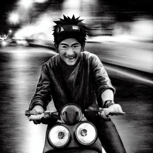 Image similar to Photorealistic photograph of Naruto smiling while driving a moped during a rainy night, 35mm photograph, realistic, heavy detail