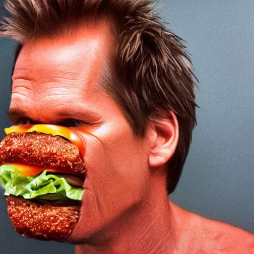 Image similar to kevin bacon face wrapped inside a cheeseburger