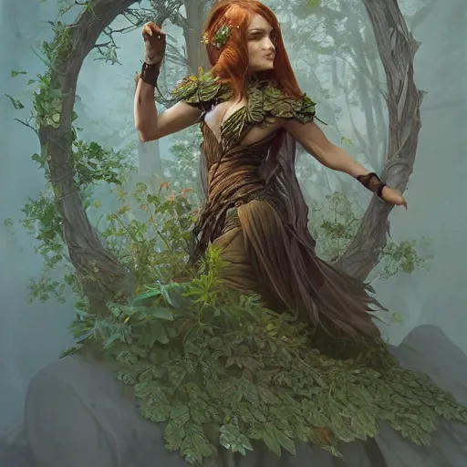 Prompt: a woman tree druid with leaf themed clothing, fully clothed, D&D, fantasy, intricate, cinematic lighting, highly detailed, digital painting, artstation, concept art, smooth, sharp focus, illustration, art by Artgerm and Greg Rutkowski and Alphonse Mucha