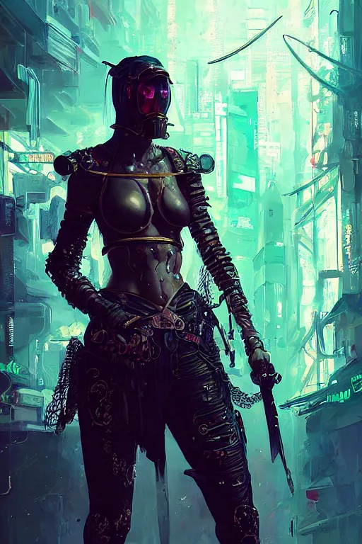 Prompt: a janissary, cyberpunk futuristic neon. fencing, long sword in her hand, decorated with traditional japanese ornaments by ismail inceoglu dragan bibin hans thoma greg rutkowski alexandros pyromallis nekro rene maritte illustrated, perfect face, fine details, realistic shaded, fine - face, pretty face, masterpiece