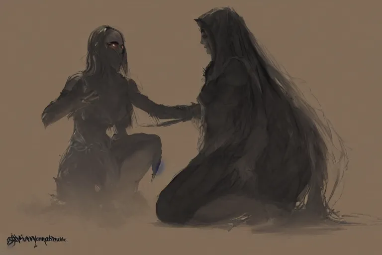 Image similar to the silhouette of the dark sorceress as she bestows her magic upon her disciple, which is kneeling in front of her, concept art, trending on artstatio HD