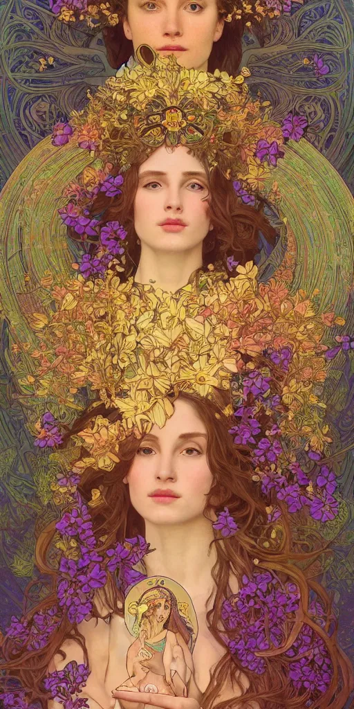 Image similar to a portrait painting of a singular beautiful female godess of spring, colorful flowers, holy geometry, tarot card style, by Mohrbacher and Moebius and Alphonse Mucha and Roger Deakins, cinematic lighting, masterpiece, golden ratio background, highly detailed, 8k resolution, trending on art station