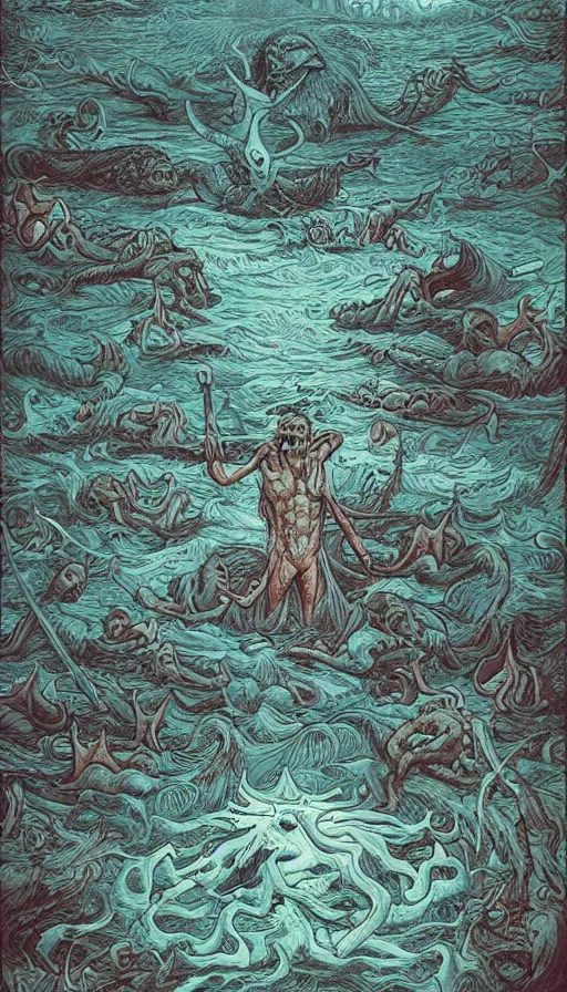 Prompt: man on boat crossing a body of water in hell with creatures in the water, sea of souls, by james jean