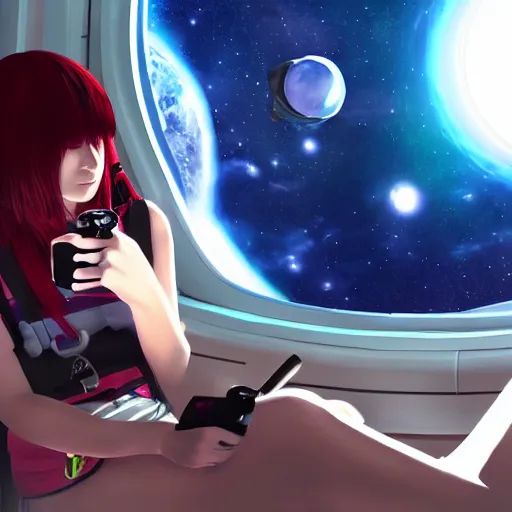 Image similar to really beautiful emo girl playing videogames in a space station in space, hyperdetailed