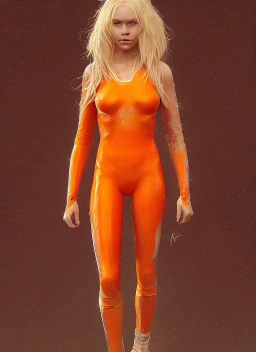 Prompt: teenage blonde girl wearing an orange superhero costume, au naturel, hyper detailed, digital art, trending in artstation, cinematic lighting, studio quality, smooth render, unreal engine 5 rendered, octane rendered, art style by klimt and nixeu and ian sprigger and wlop and krenz cushart