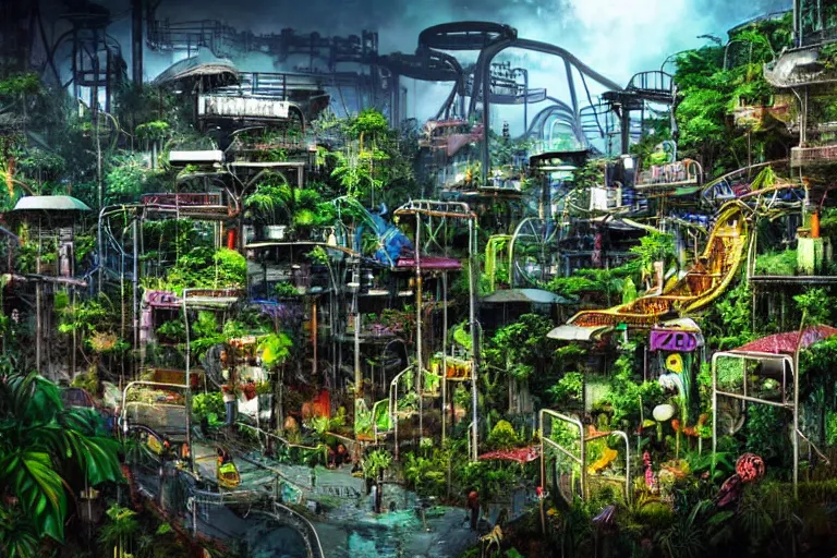 Prompt: favela winding cybernetic amusement park, lush floral jungle environment, industrial factory, apocalyptic, award winning art, epic dreamlike fantasy landscape, ultra realistic,