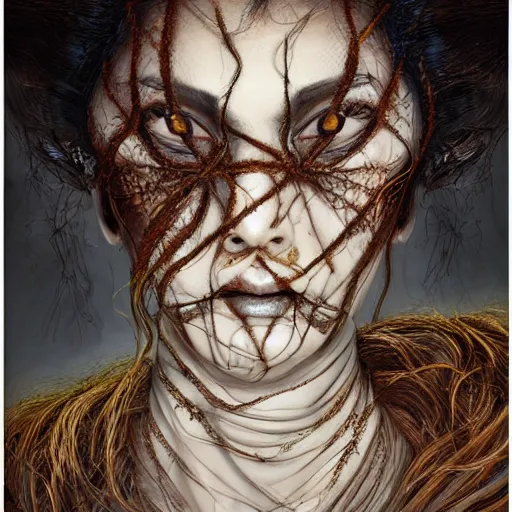 Prompt: portrait of a Shibari rope wrapped face and neck, headshot, insanely nice professional hair style, dramatic hair color, dark skin tones, digital painting, of a old 13th century, traveler, amber jewels, baroque, ornate clothing, scifi, realistic, hyperdetailed, chiaroscuro, concept art, art by Franz Hals and Jon Foster and Ayami Kojima and Amano and Karol Bak,