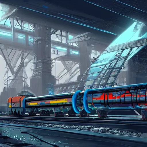 Image similar to Immense industrial futuristic cargo train arrives at cyber punk city station, cinematic lighting, concept art