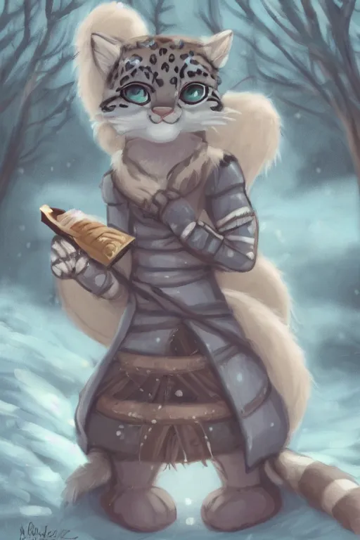 Prompt: a pretty medieval anthropomorphic snow leopard with a fluffy tail in the forest, comic art, trending on furaffinity, cartoon, kawaii, backlighting, furry art!!!, radiant light, bokeh, trending on artstation, digital art