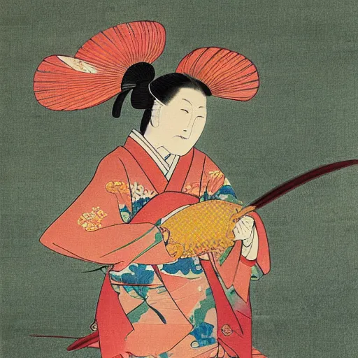 Prompt: painting of a 1 8 th century japanese woman holding a koi fish, colorful, by goshun matsumura, by toyohiko okamoto, by keibun matsumura