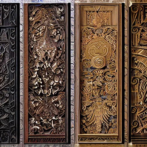 Prompt: intricate colourfully painted carved wood paneling, dark souls, ivory and copper, artstation